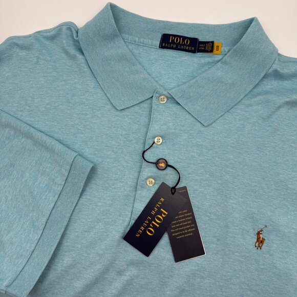 NWT Polo Ralph Lauren Men’s 4XLT Tall Blue Heather Cotton Polo Shirt Pony Logo - Picture 1 of 12